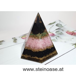 Orgonit Pyramide 6-eckig: Schörl Turmalin & Rosenquarz, 
